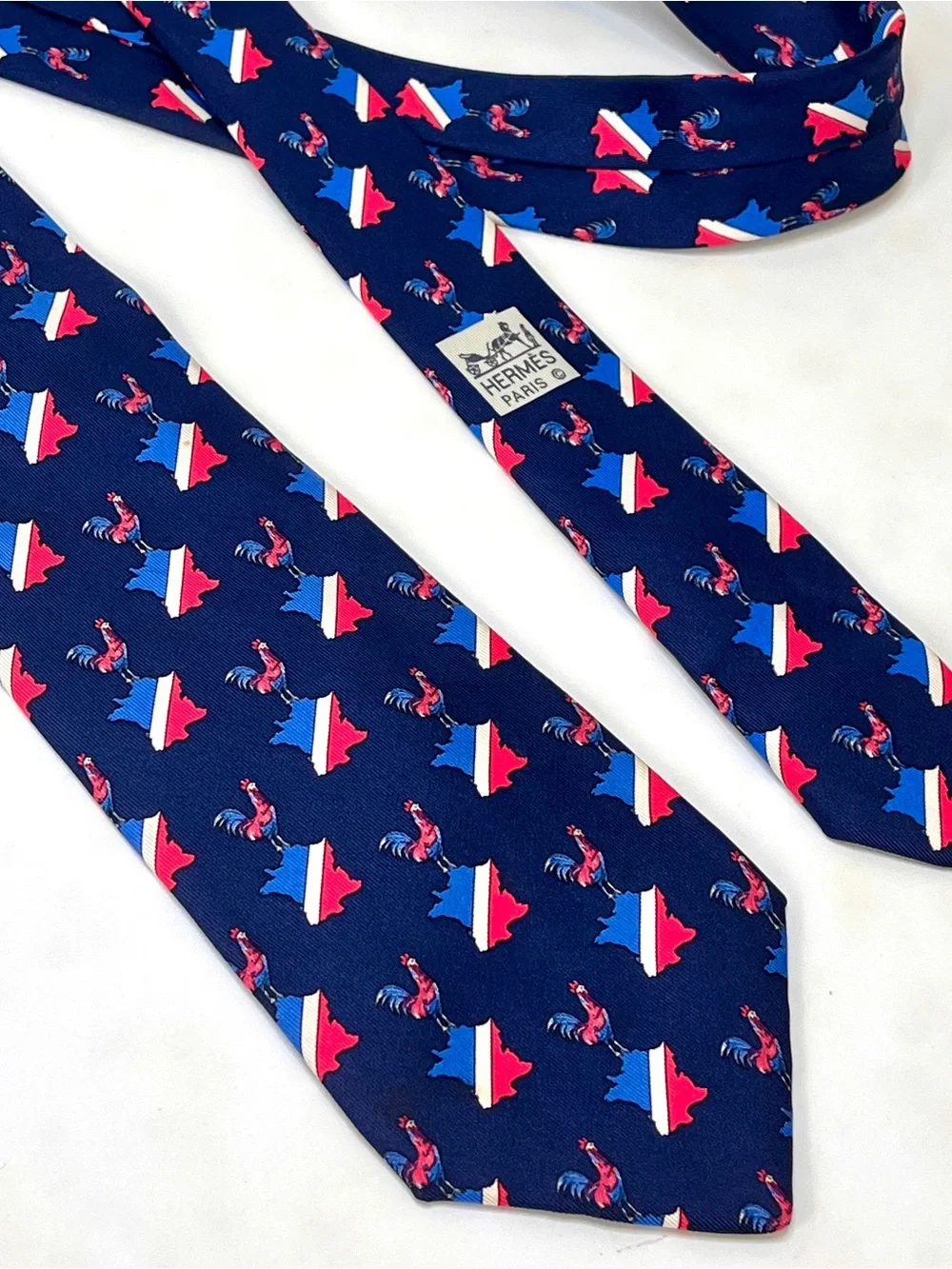 Hermes Navy Tie with Red, White & Blue Rooster and France Motif